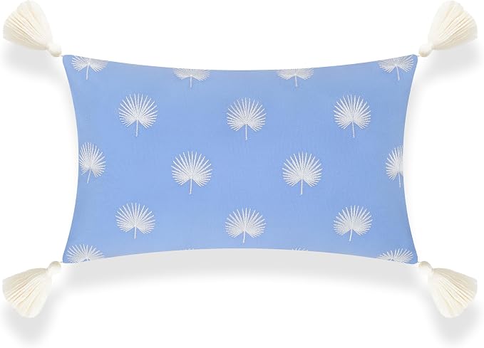 Hofdeco Premium Coastal Patio Indoor Outdoor Lumbar Pillow Cover Only, 12"x20" Water Repellent for Backyard, Couch, Cornflower Blue Embroidered Palm Leaf Tassel