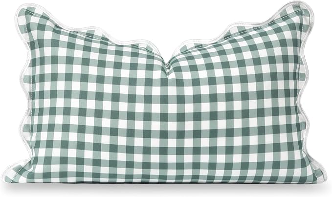 Hofdeco Premium Coastal Grandmillennial Scalloped Patio Indoor Outdoor Lumbar Pillow Cover Only, 12"x20" Water Repellent for Backyard, Couch, Poolside, Forest Green Print Gingham