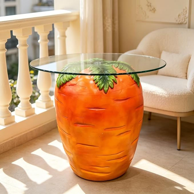 16" Carrot-Shaped Resin Side Table w/ Glass Top,Novelty Fruit Stool,Orange | Round End Table for Living Room Bedroom Patio, Weather-Resistant & Easy Clean, Fun Home Decor Accent