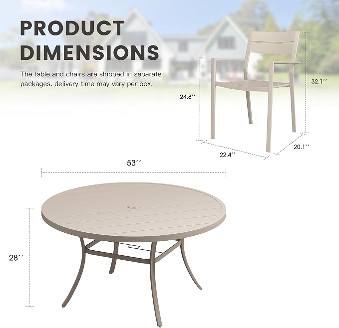 Patio Dining Set for 8, 53" Outdoor Dining Table and Chairs Set with Stackable Patio Chairs Outdoor Furniture for Garden Deck Backyard, Sandshell Table and Sandshell Chairs