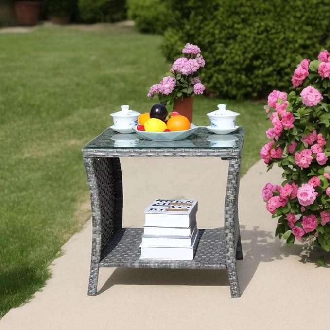 Rattan Side Table with Glass Top, Outdoor Wicker End Table for Patio, Porch, Garden, 19.25" Square, 21" Tall, 120 Lbs Capacity, Weather-Resistant PE Rattan, Easy Assembly