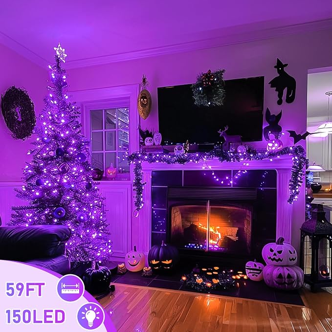 JMEXSUSS 150 LED Purple String Lights, Connectable Halloween Lights Indoor | 59Ft Purple Christmas Lights, 8 Modes Twinkle Fairy Light for Room Outdoor Tree Party Bedroom Home Christmas Decorations