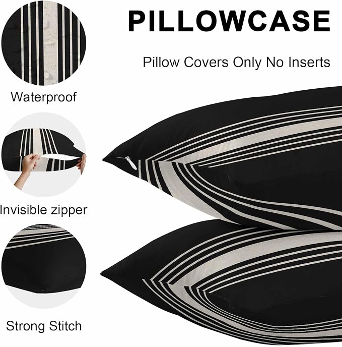 Black Beige Striped Outdoor Pillow Covers 26x26 Inch Throw Pillow Covers Set of 2 Waterproof Decorative Pillow Cases Modern Farmhouse Retro Lines Cushion Covers for Patio Furniture Garden Couch Sofa
