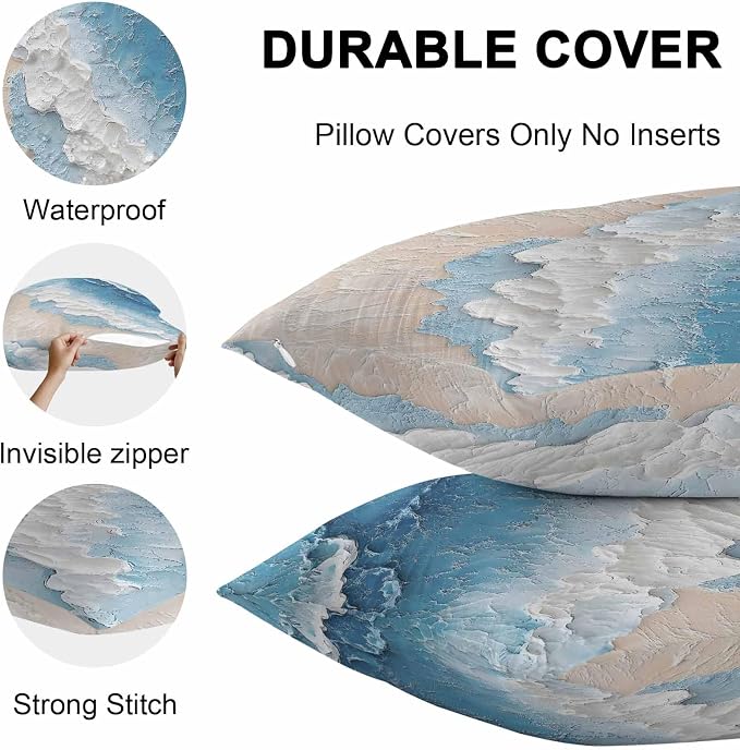 Summer Beach Theme Outdoor Pillow Covers 20x12in Pack of 2 Waterproof Pillowcase Watercolor Blue Ocean Wave Decorative Throw Cushion Case for Patio Couch Sofa