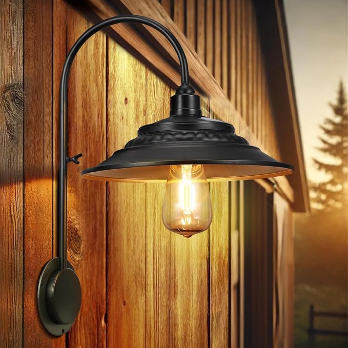 Solar Barn Lights Upgrade, 1PC Waterproof Wall Light Fixture, Rustic Vintage Metal Gooseneck Solar Wall Mount Lights with Gold Interior, for Outdoor Barn Shed Garage Porch (Black)