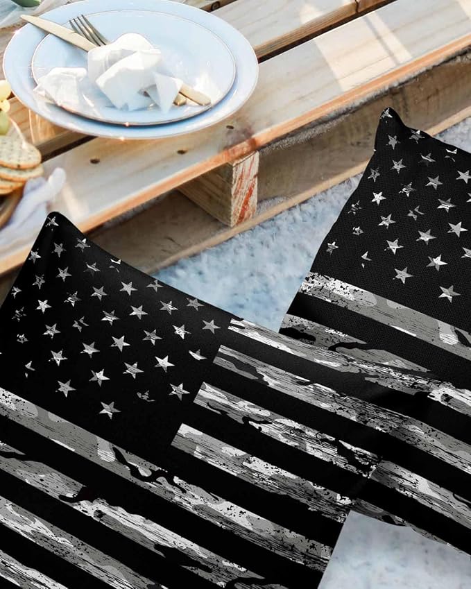 Camouflage Outdoor Pillow Covers Set of 2, American Patriotic Flag Independence Day Decorative Waterproof Throw Pillowcase USA Star Striped Camo Cotton Linen Soft Cozy Cushion Cover Pillowsham 20x20In