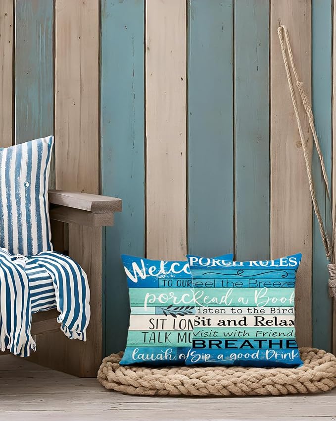 Waterproof Outdoor Pillow Covers 18x18 - Turquoise Blue Beige Woodgrain Coastal Farmhouse Welcome to Porch Decorative Cushion Covers for Patio Furniture, Set of 2