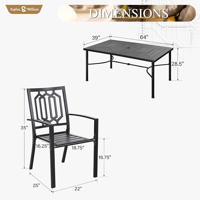 Sophia & William Patio Table and Chairs Set, Outdoor Dining Set for 6, 7 Piece Metal Patio Furniture, 64" Black Rectangular Table(Geometry)