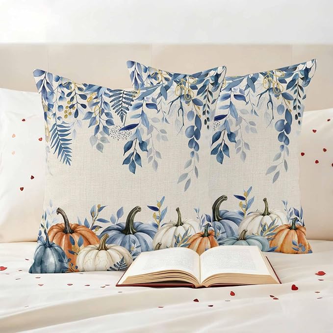 Orange Blue Fall Waterproof Outdoor Pillow Covers 24''x24'' Set of 2, Thanksgiving Eucalyptus Berry Leaves Patio Cushion Covers for Chairs, Decorative Pumpkin Beige Pillow Cases for Garden/Pool/Beach