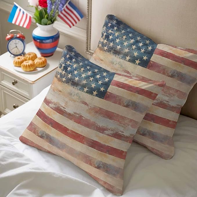 Independence Day Outdoor Pillow Covers 18"x18" Set of 2, Retro Country USA Flag Memorial Day Waterproof Throw Pillow Covers for Patio Furniture, Decorative Cushion Covers for Porch