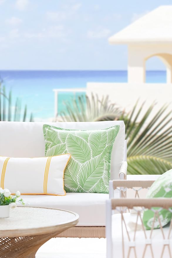 Hofdeco Premium Coastal Patio Indoor Outdoor Lumbar Pillow Cover Only, 12"x20" Water Resistant for Backyard, Couch, Yellow Embroidered Vertical Line