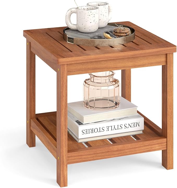 HAPPYGRILL 2-Tier Outdoor Wood Side Table with Storage Shelf, Patio Wooden End Table, Farmhouse Accent Nightstand, for Garden Yard Porch Deck Living Room (1)
