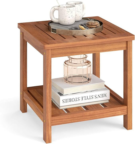 HAPPYGRILL 2-Tier Outdoor Wood Side Table with Storage Shelf, Patio Wooden End Table, Farmhouse Accent Nightstand, for Garden Yard Porch Deck Living Room (1)