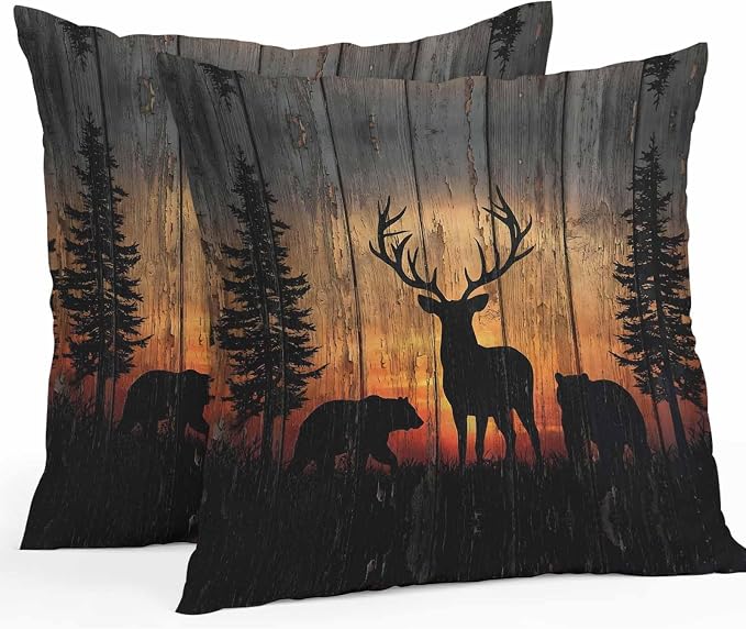 Yukro Wildlife Scene Outdoor Waterproof Pillow Covers Pack of 2, Nature Deer Bear Pine Trees Silhouette Sunset Throw Pillowcases Decorative Cushion Covers for Garden Patio Tent Sofa Couch, 16x16 inch