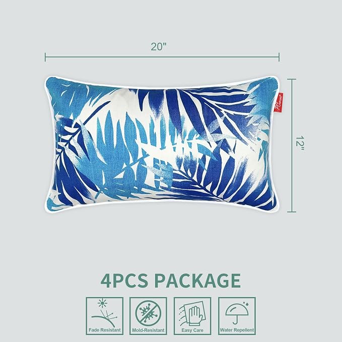 Pack of 4 Outdoor Throw Pillows,20x12 Inch All-Weather Water-Resistant Patio Pillows with Inserts,Decorative Pillows for Patio Furniture,Couch,Sofa,Poolside,Blue Leaf