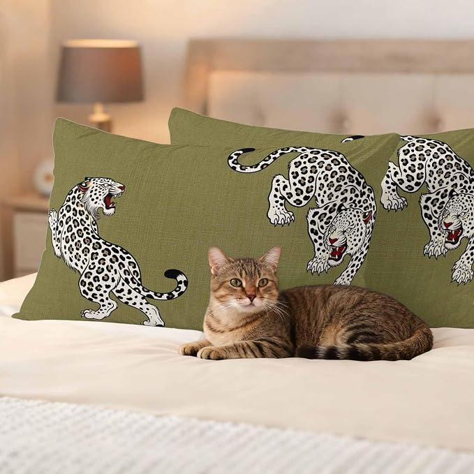 Yukro Green Leopard Outdoor Waterproof Pillow Covers Pack of 2, Modern Style Wild Animal Rustic Linen Texture Throw Pillowcases Decorative Cushion Covers for Garden Patio Tent Sofa Couch, 20x12 inch
