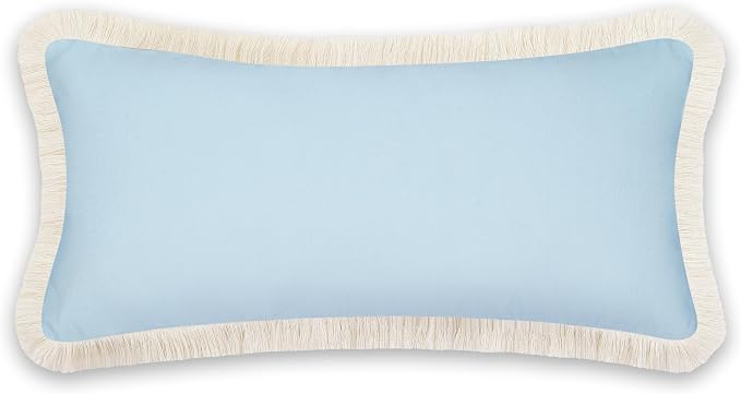 Hofdeco Premium Coastal Patio Indoor Outdoor Long Lumbar Pillow Cover Only, 12"x26" Water Repellent for Backyard, Couch, Baby Blue Solid with Fringe