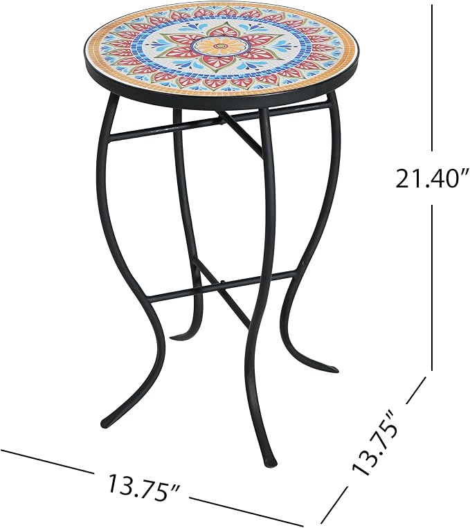 Colorful Floral Mosaic Tile Round Side Table, Boho Patio End Table with Curved Black Wrought Iron Legs, Weather Resistant Accent Table for Balcony Backyard Porch Living Room
