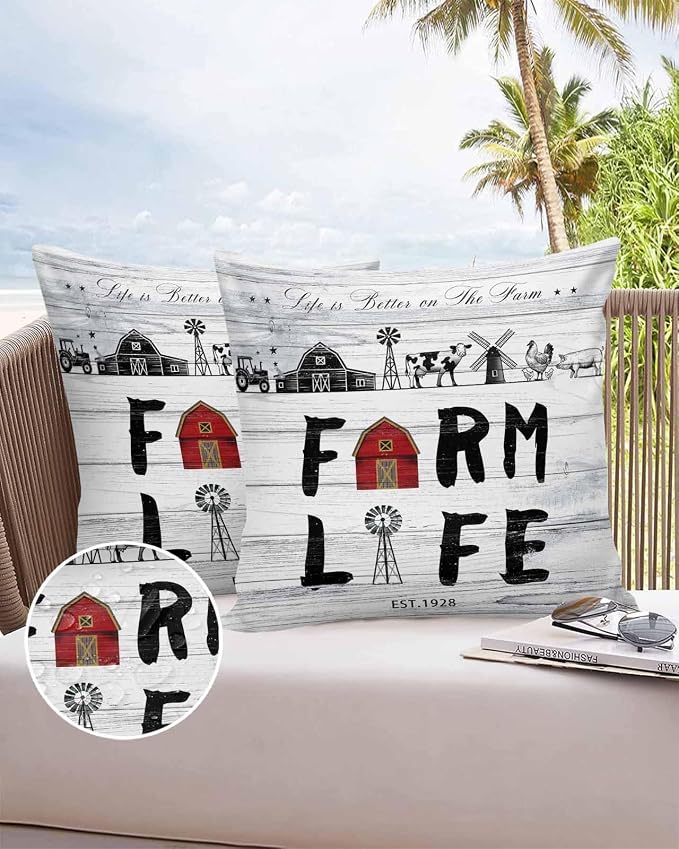 Outdoor Throw Pillows Covers 20x20 inch Set of 2 Waterproof Farm Life Decorative Zippered Cushion Covers for Patio Furniture, Farmhouse Barn Windmill Cow Chicken Tractor Wood Lumbar Pillowcases