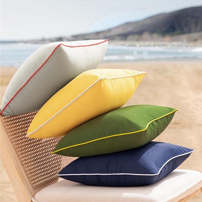 Phantoscope Pack of 2 Outdoor Waterproof Throw Pillow Covers with Contrast Piping, Decorative Square Cushion Case Patio Pillows for Couch Tent, Light Grey 18x18 inches