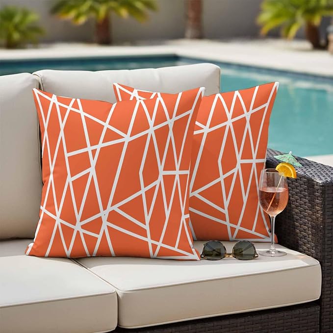 Outdoor Pillow Covers Waterproof, Orange Geometric Decorative Square Throw Pillowcases Patio Cushion Covers for Tent/Garden, 26" x 26" 2 Pack, Abstract Stripes Modern Simple