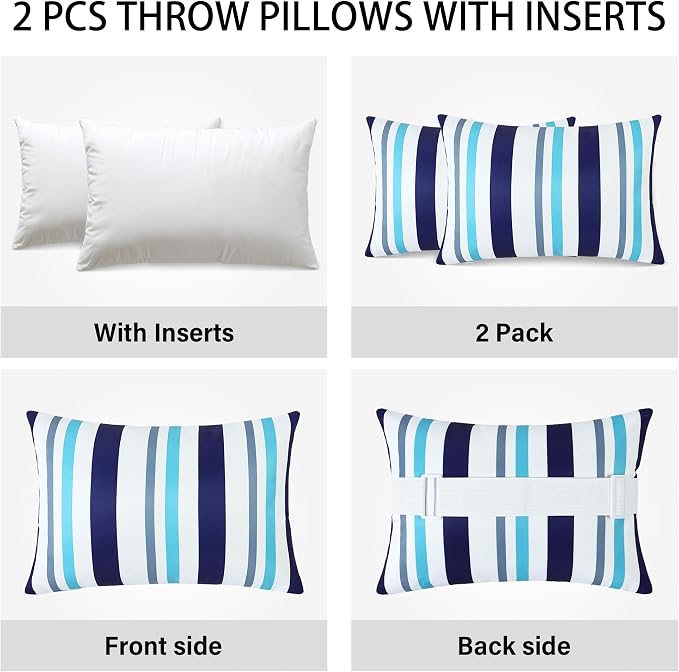 2 Pcs Outdoor Headrest Pillow for Patio Chaise Lounge 11"x16" | Navy Blue Striped Waterproof Pillows with Insert Adjustable Elastic Strap, Chair Head Resting Pillow for Recliner Beach Pool