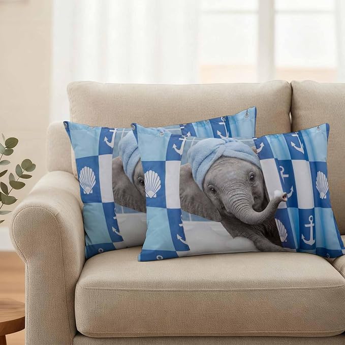 Bathing Elephant Waterproof Outdoor Pillow Covers Set of 2 Home Decor, Funny Animal Showering Lumbar Pillowcase Patio Pillow Covers for Couch Bench Patio Furniture Garden 20x12in