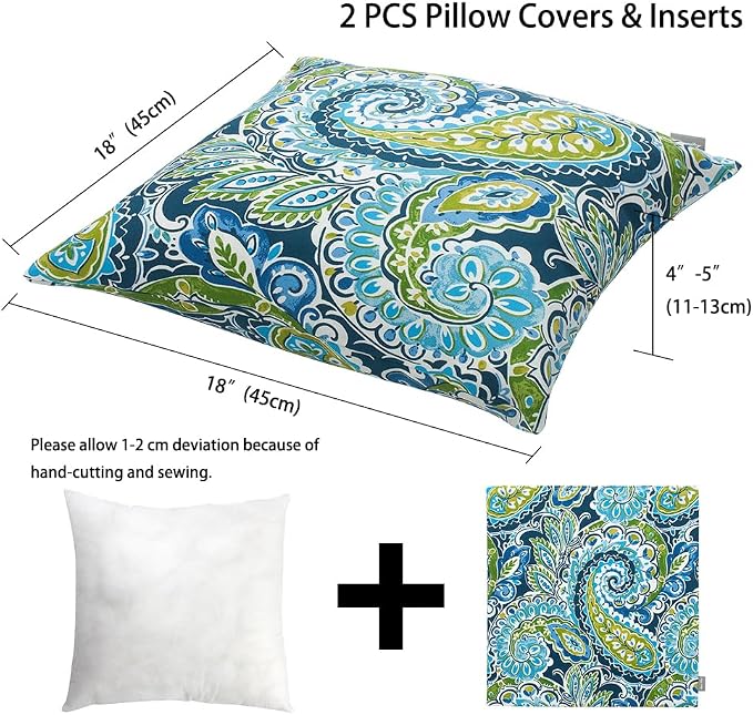 Magpie Fabrcis Pack of 2 Outdoor Waterproof Throw Pillow with Insert 18 x 18 Inch, Christmas Decorative Back Cushion Pad for Garden Patio Tent Balcony Couch Sofa(Paisley Lapis Green)