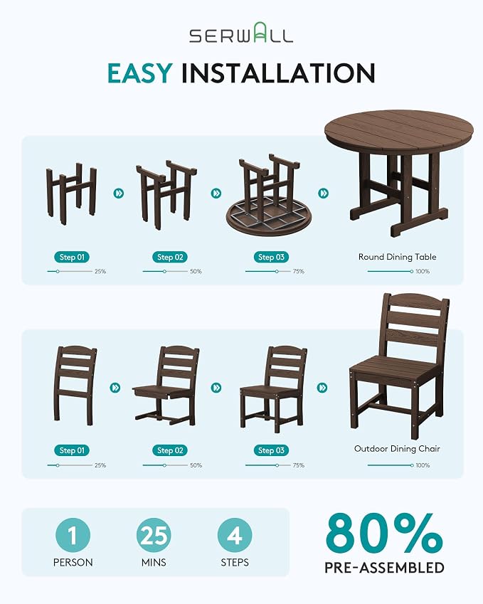 SERWALL 6-Piece Patio Dining Sets, HDPE Outdoor Table and Chairs Furniture Set with Umbrella, 45" Round Dining Table & 4 Armless Dining Chairs & 1 9FT Umbrella, Coffee(Not Include Umbrella Base)