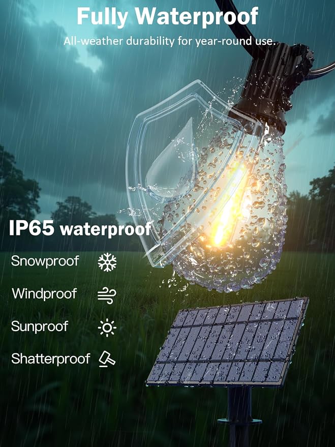 100FT Solar String Lights Outdoor, Dimmable Patio Lights Solar Powered with Remote & USB Port 35+1 LED Shatterproof Bulbs 3 Light Modes, Waterproof Solar Light for Camping Backyard Garden