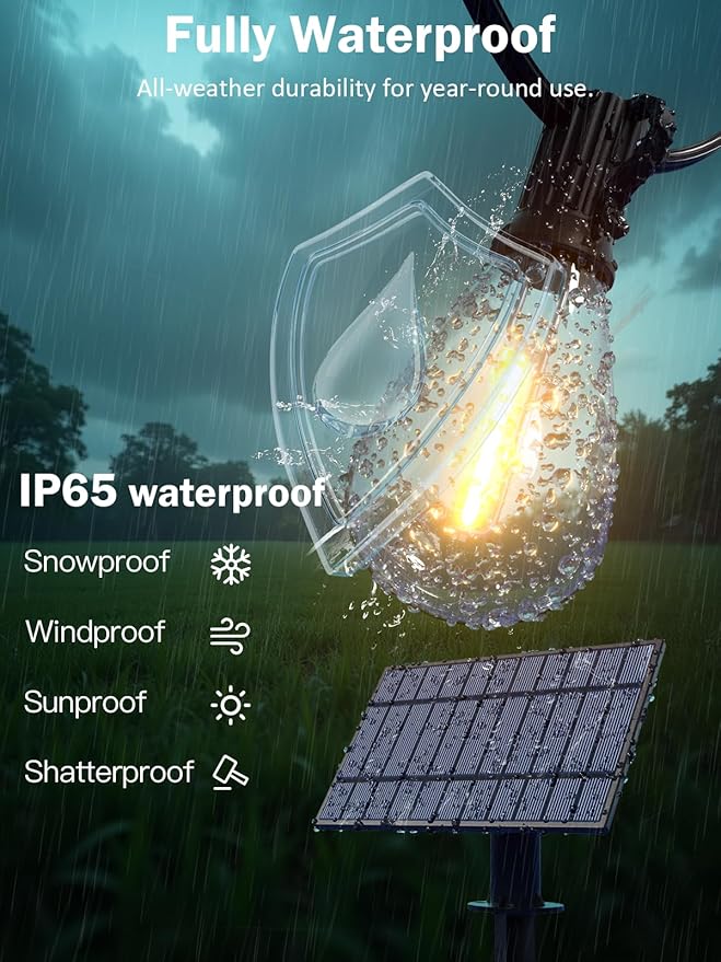 50FT Solar String Lights Outdoor, Dimmable Patio Lights Solar Powered with Remote & USB Port 18+1 LED Shatterproof Bulbs 3 Light Modes, Waterproof Solar Light for Camping Backyard Garden