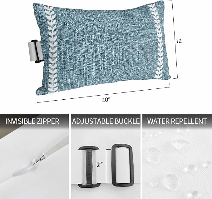 Modern Minimlist Outdoor Lumbar Pillows 12x20 Set of 2, Country Simple Vertical Leaf Pattern Blue Waterproof Throw Pillow Covers with Insert, Decorative Support Pillows for Lounge, Chaise