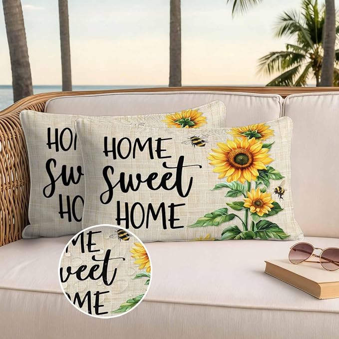 Lumbar Pillow Covers 20x12 Inch Set of 2, Spring Sunflowers Waterproof Outdoor Pillow Covers, Bee Beige Farm Country Rustic Decorative Cushion Pillowcases for Couch, Sofa, Bed, Garden, Patio