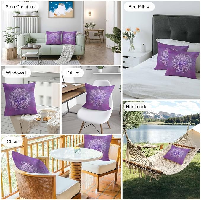 Vandarllin Outdoor Throw Pillows Covers 16x16 inch Set of 2 Waterproof Purple Boho Floral Decorative Zippered Cushion Covers for Patio Furniture, Bohemian Flower Lumbar Pillowcases