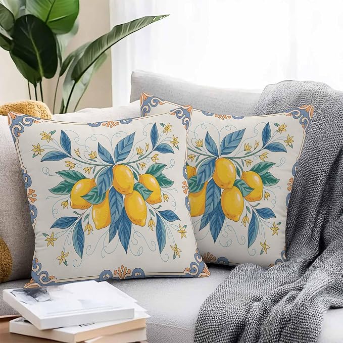 Throw Pillow Covers 20x20 Inch Set of 2, Yellow Blue Lemon Waterproof Outdoor Cushion Covers, Summer Botanical Farmhouse Decorative Pillowcases for Couch, Sofa, Bed, Garden, Patio