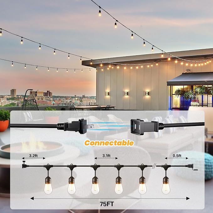 Svater 75 FT Outdoor String Lights 2W S14 LED Commercial Grade Waterproof | Patio Light for Outside, Antique Edison Bulbs, IP65 Hanging Bistro Cafe Market Lighting, ETL-Listed Dimmable Warm White