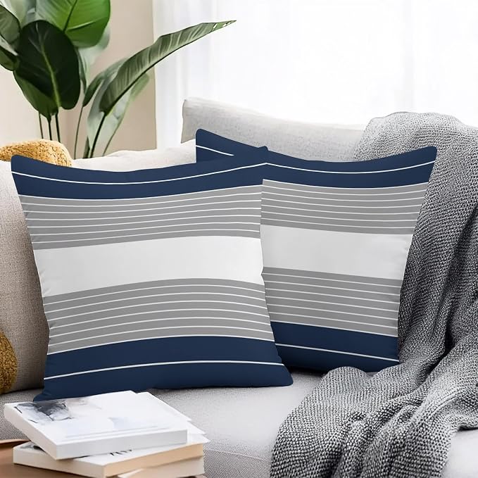 Navy Blue Grey Stripe Outdoor Pillow Covers Waterproof, All Weather Cushion Case Set of 2, Modern Art Horizontal Striped Decorative Pillowcases for Sofa Couch Bed Decor Patio Furniture 18"x18"