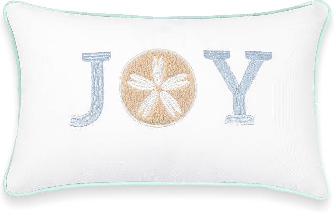 Hofdeco Premium Christams Coastal Patio Indoor Outdoor Lumbar Pillow Cover Only, 12"x20" Water Repellent for Backyard, Couch, Baby Blue Embroidered Joy