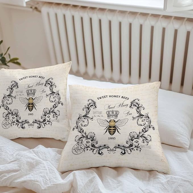 Vandarllin Outdoor Throw Pillows Covers 20x20 inch Set of 2 Waterproof Sweet Honey Bees Decorative Zippered Cushion Covers for Patio Furniture, Floral Crown Wreath Vintage Lumbar Pillowcases