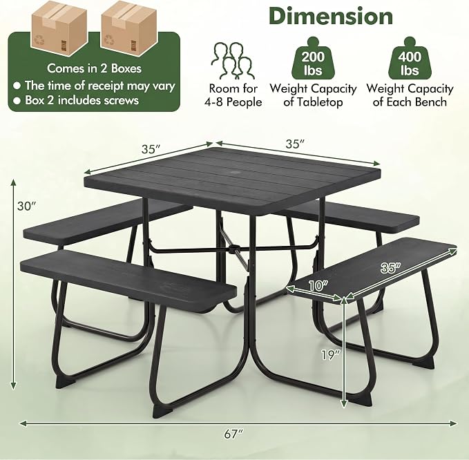 POWERSTONE Picnic Tables with Benches for 8, Outdoor HDPE Picnic Table with Umbrella Hole, Heavy Duty 35" Portable Dining Set Camping Table for Backyard, Patio, Park(Black)
