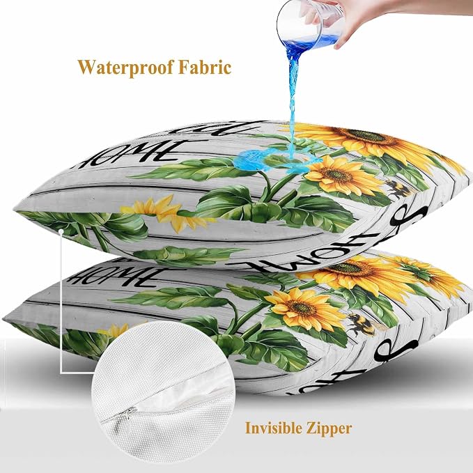 Throw Pillow Covers 24x24 Inch Set of 2, Yellow Sunflower Waterproof Outdoor Pillow Covers, Bee Wooden Grain Country Farmhouse Decorative Cushion Pillowcases for Couch, Sofa, Bed, Garden, Patio