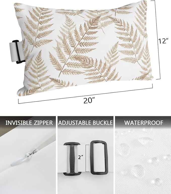 Lumbar Pillow Covers Set of 2, Brown Ferns Waterproof Outdoor Chaise Lounge Pillow Covers with Elastic Strap, Spring Summer Botanical Leaves Headrest Pillowcase for Patio, 12 x 20