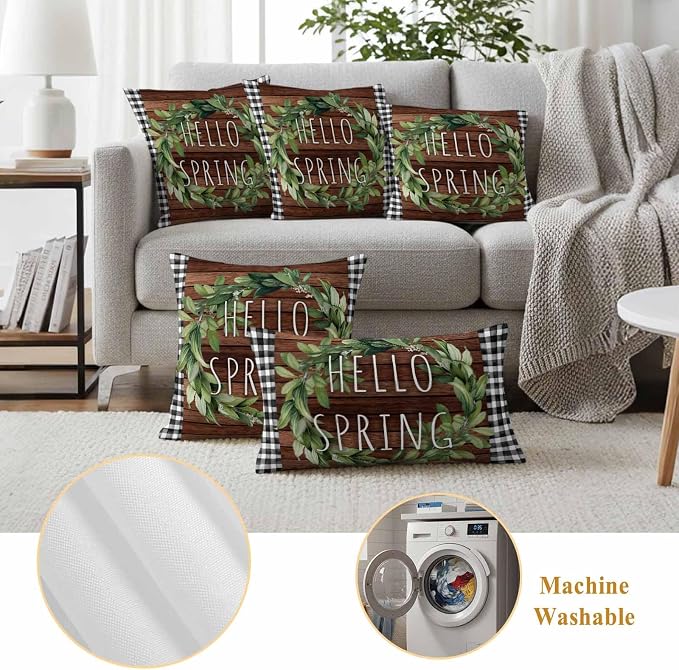 Hello Spring Outdoor Pillow Covers Pack of 2 Green Leaf Plant Black Plaid Brown Wood Grain Waterproof Throw Pillow Covers Decorative Cushion Cases for Patio Garden Tent Balcony Couch 26x26 inch