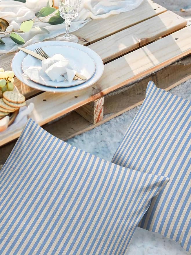 Outdoor Waterproof Throw Pillow Covers Set of 2 Blue Stripes Pillowcases 18x18 Inches Linen Classic Vertical Striped Patio Decorative Pillows Cushion Case Patio Pillows for Couch Bed Chair Garden