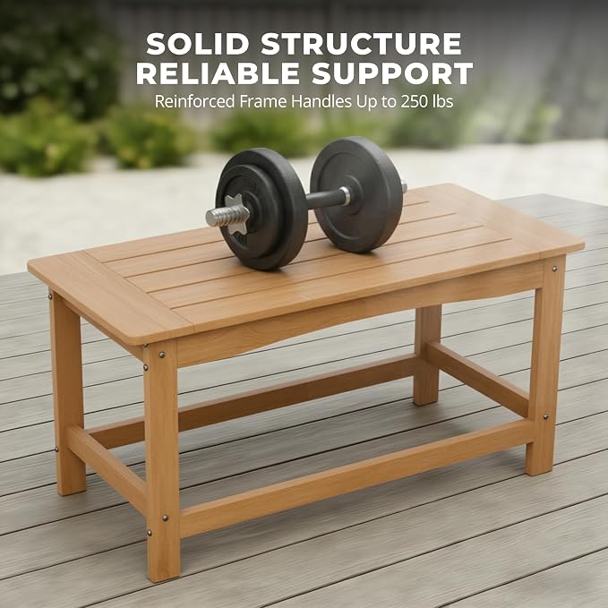 Outdoor Coffee Table, 35.4" x 17.5" All Weather Rectangle Patio Coffee Side Table for Garden Lawn Porch Poolside Balcony (Teak)