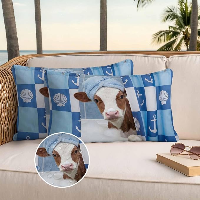 Bathing Cow Waterproof Outdoor Pillow Covers Set of 2 Home Decor, Funny Animal Showering Lumbar Pillowcase Patio Pillow Covers for Couch Bench Patio Furniture Garden 20x12in