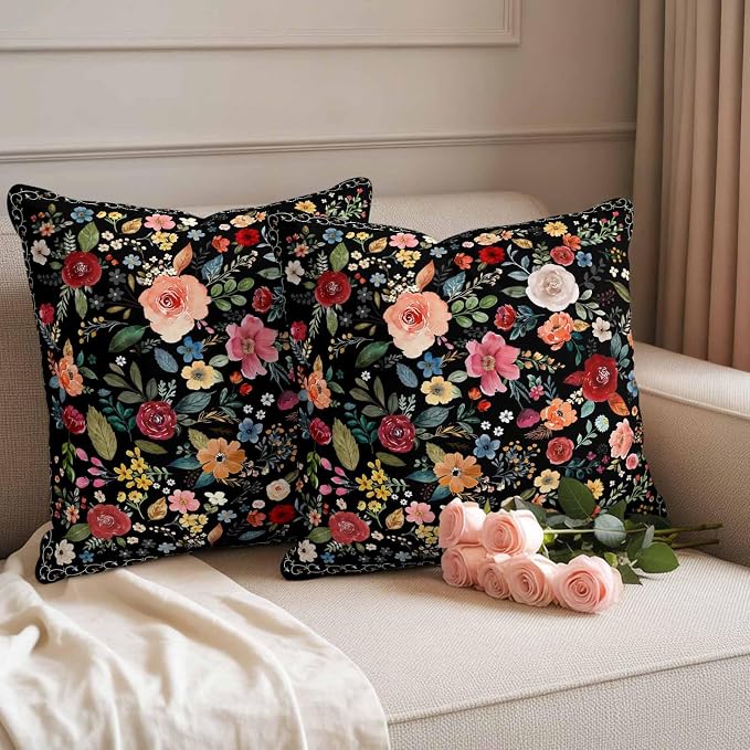 Watercolor Flowers Waterproof Outdoor Pillow Covers 16''x16'' Set of 2, Farmhouse Floral Patio Furniture Black Cushion Covers for Chairs, Decorative Vintage Wildflowers Pillow Cases for Garden/Pool
