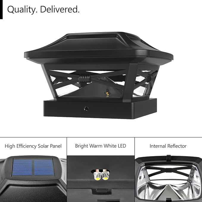Davinci Lighting Renaissance Solar Outdoor Post Cap Lights - Includes Bases for 4x4 5x5 6x6 Posts - Bright LED Light - Slate Black (12 Pack) | Slate Black, fence/deck/garden/patio posts, UV fade-protected plastic, auto-on, 7-8h runtime, cordless, IP44,...
