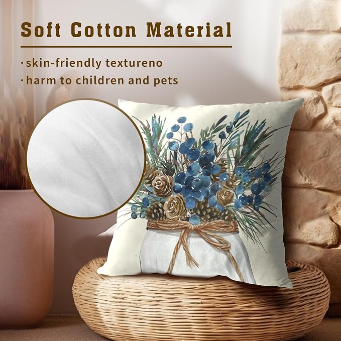 Winter Pine Twigs Pillow Cover 20x20 Inch Set of 2, Rustic Christmas Branches Pinecones Picks Decorative Pillow Cotton Square Cushion Case for Outdoor Home Sofa Couch Decor