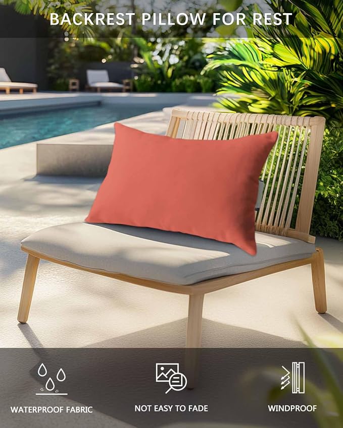 Chaise Lounge Chair Pillow with Strap & Insert Coral Red Outdoor Recliner Head Pillow Pack of 2 Gradient Gradual Color Waterproof Headrest Patio Lumbar Pillow for Beach Pool Office Chair 11x16 Inch
